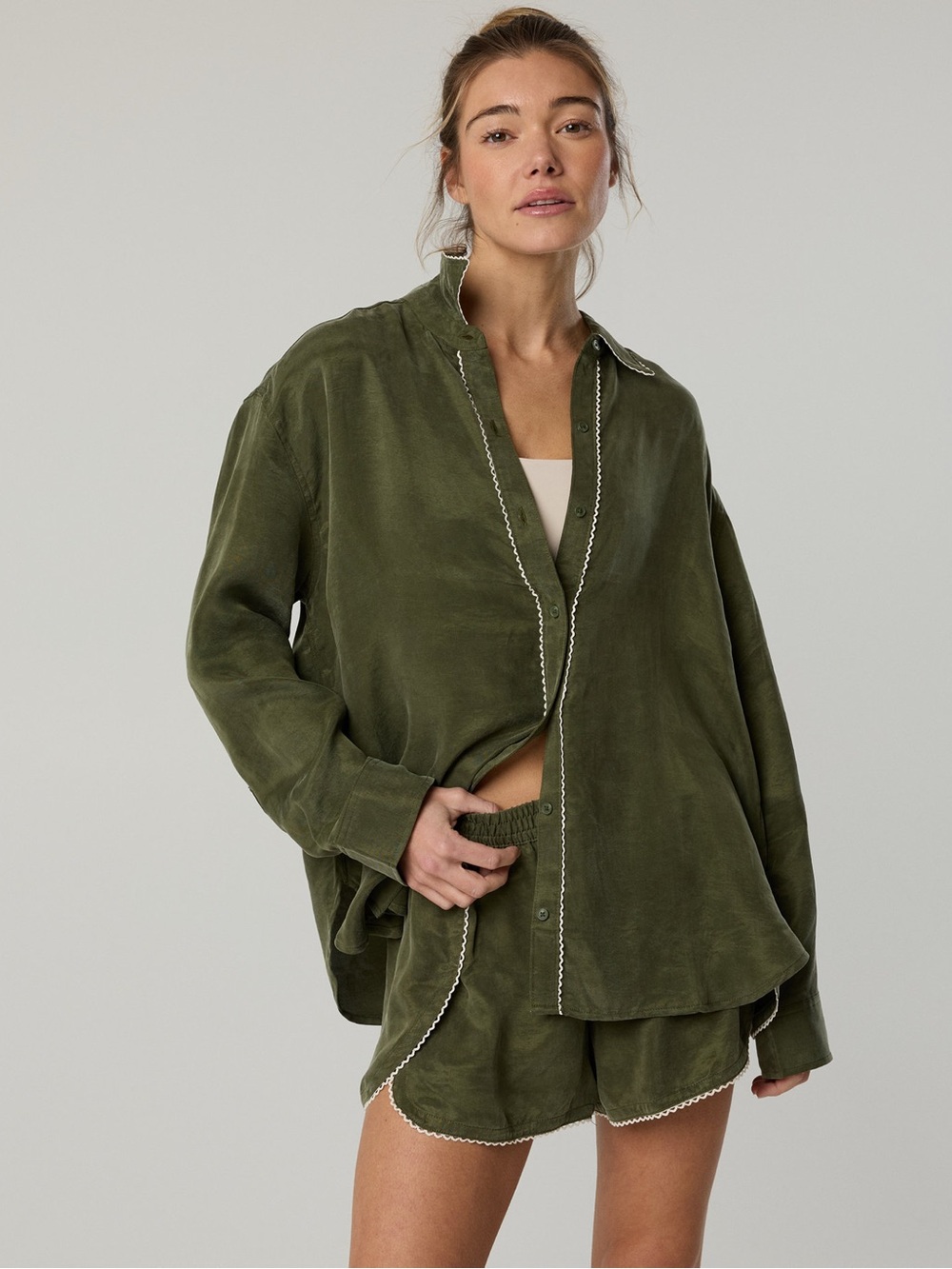 aerie Relaxed Button-Down with Contrast Trim + shorts set: you’re so smooth set